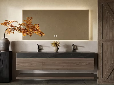 Modern Wooden Bathroom Vanity With Double Faucets Mirror And Decorative Plant 3d model