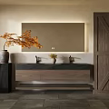 Modern Wooden Bathroom Vanity With Double Faucets Mirror And Decorative Plant