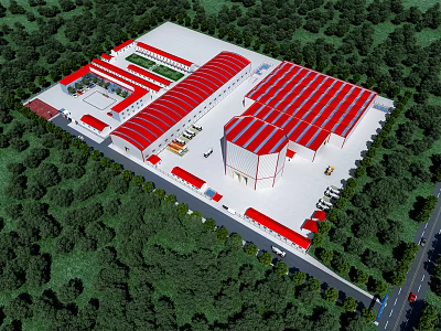 Industrial Factory Building With Red Roof Design Green Trees Surrounding Spacious Layout And Parking Area 3d model