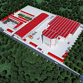 Industrial Factory Building With Red Roof Design Green Trees Surrounding Spacious Layout And Parking Area