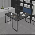 Modern Desk Interior With Laptop Magazine Bookshelf Table Lamp And Potted Plant