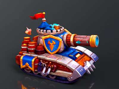 Cartoon Style Military Vehicle Tank With Red Flag Blue Top Golden Shield Barrels Flame Decorations 3d model