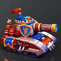 Cartoon Style Military Vehicle Tank With Red Flag Blue Top Golden Shield Barrels Flame Decorations