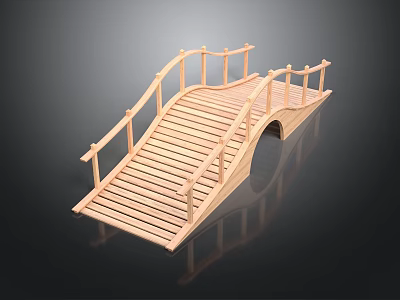 Traditional Arched Wooden Garden Bridge With Railings And Step Planks 3d model