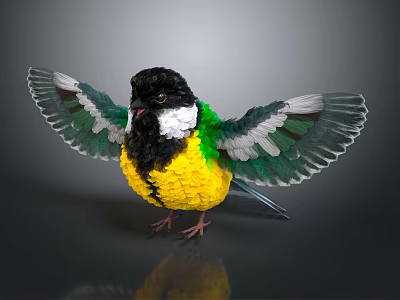 Colorful Bird With Spread Wings Black Head White Neck Yellow Belly Green And White Wings 3d model
