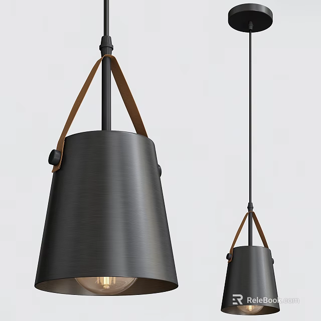 Modern Brushed Metal Pendant Lights With Leather Straps And Cone Shaped Shades 3d model 