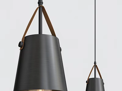 Modern Brushed Metal Pendant Lights With Leather Straps And Cone Shaped Shades 3d model