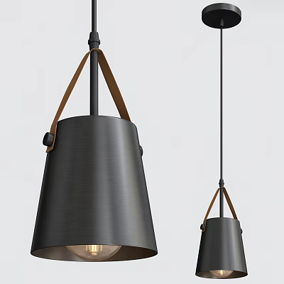 Modern Brushed Metal Pendant Lights With Leather Straps And Cone Shaped Shades 3d model