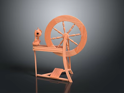 Traditional Wooden Spinning Wheel With Classic Design And Sturdy Pedal Stand 3d model