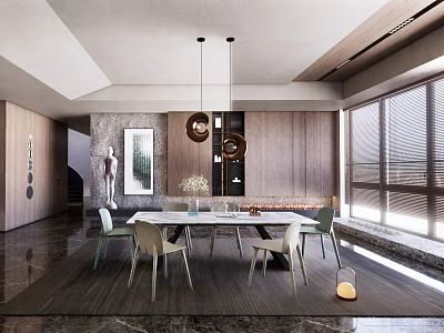 Modern Restaurant Interior With Wooden Walls Large Windows Dining Table And Pendant Lights 3d model