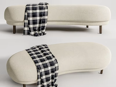 Stylish Beige Curved Sofa Bench With Black And White Plaid Blanket And Wooden Legs 3d model