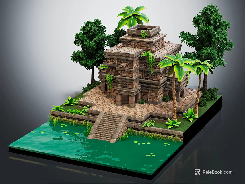 Ancient Temple Model Featuring Palm Trees Green Trees Stone Steps And Water Pond With Lilies 3d model 