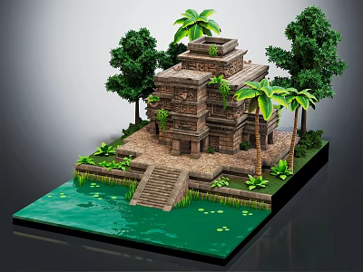 Ancient Temple Model Featuring Palm Trees Green Trees Stone Steps And Water Pond With Lilies 3d model