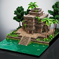 Ancient Temple Model Featuring Palm Trees Green Trees Stone Steps And Water Pond With Lilies