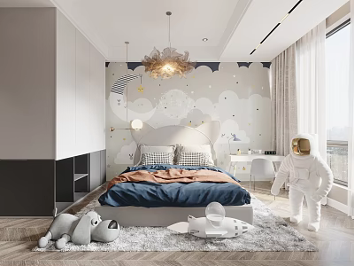 Kids Room Interior With Star Cloud Wall Decor Blue Bed Astronaut Toy Plush Toys And Chandelier 3d model