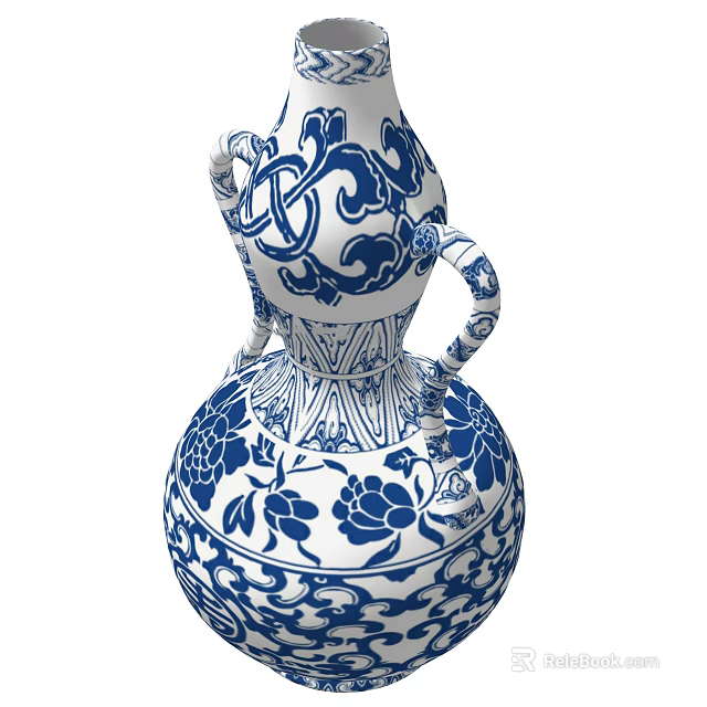 Blue And White Porcelain Gourd Shaped Ornament Set With Intricate Floral Patterns 3d model 