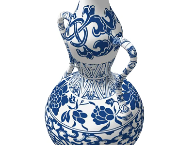 Blue And White Porcelain Gourd Shaped Ornament Set With Intricate Floral Patterns 3d model