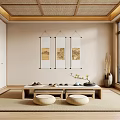 Traditional Japanese Tea Room Interior With Woven Straw Ceiling Three Scroll Paintings And Wooden Table