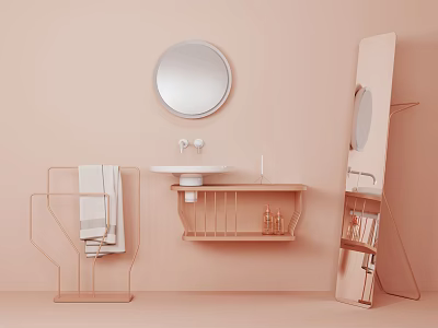Light Pastel Bathroom Washbasin With Round Mirror Towel Rack And Toiletries 3d model