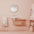 Light Pastel Bathroom Washbasin With Round Mirror Towel Rack And Toiletries