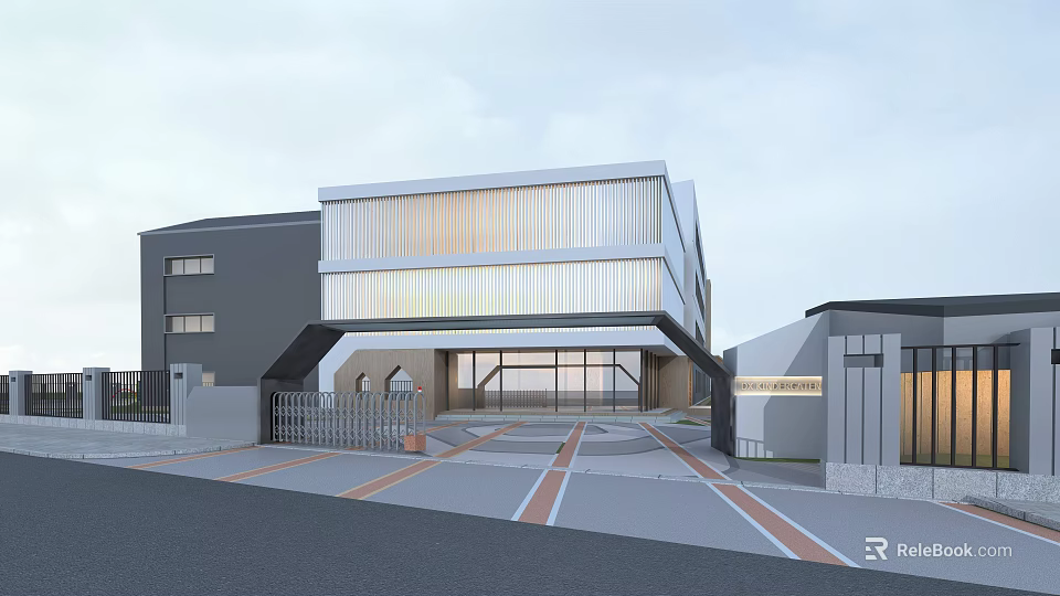 Modern Building Exterior With Glass Curtain Wall White Gray Entrance Gate And Road 3d model 