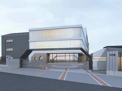 Modern Building Exterior With Glass Curtain Wall White Gray Entrance Gate And Road 3d model
