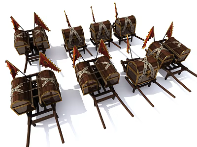 Ancient Chariots With Wrapped Packages And Flags Arranged In Formation 3d model