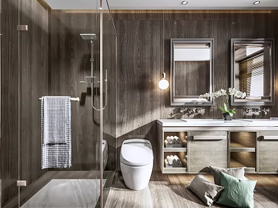 Modern Bathroom Interior With Glass Shower Toilet Double Vanity Wooden Walls Mirrors And Potted Plant 3d model