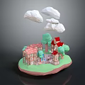 Fairy Tale Style Architecture Miniature Scene With Green Trees White Clouds And Small Houses