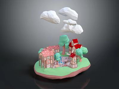 Fairy Tale Style Architecture Miniature Scene With Green Trees White Clouds And Small Houses 3d model