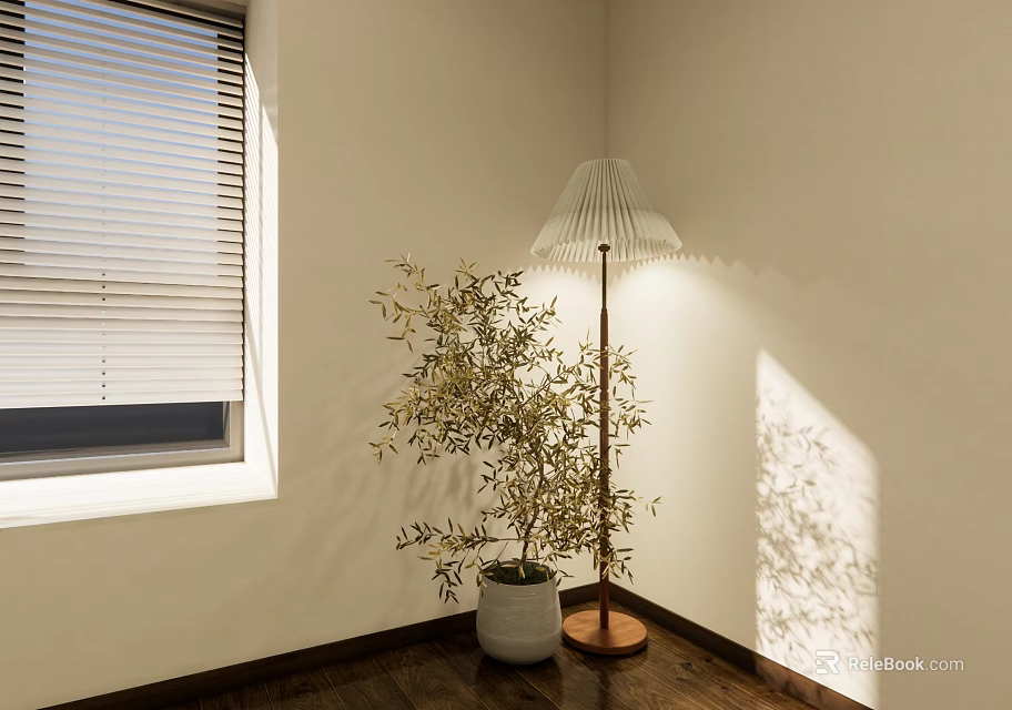 Stylish Floor Lamp With Pleated Lampshade And Olive Tree In Corner With Wooden Floor 3d model 