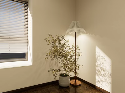 Stylish Floor Lamp With Pleated Lampshade And Olive Tree In Corner With Wooden Floor 3d model