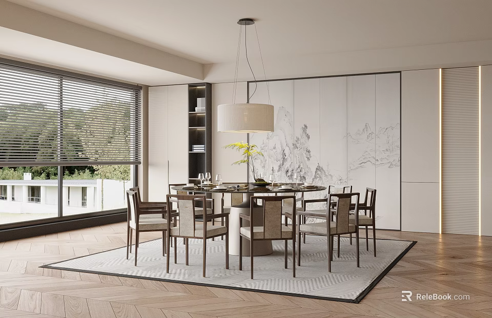 Modern Restaurant Interior with Dining Table Chairs Pendant Light Window and Wall Art 3d model