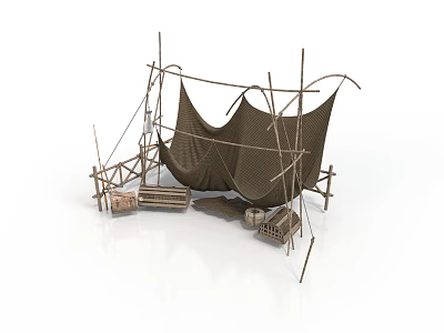 Ancient Simple Tent Structure With Wooden Frames Cloth Canopy And Baskets Boxes 3d model