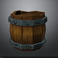 Rustic Decorative Wooden Barrel With Teal Metal Hoops And Textured Surface