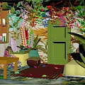 Cartoon Scene With Green Door Lush Plants Wooden Shelf Red Carpet And Yellow Sofa