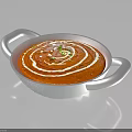 Creamy Red Soup With White Swirls And Green Garnish In White Bowl