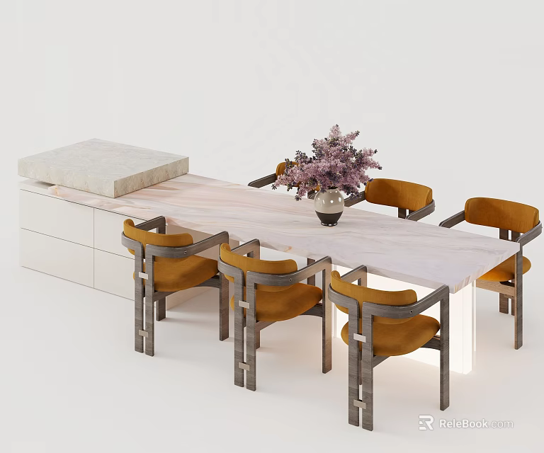 Modern Dining Table Set With Marble Top Orange Chairs And Decorative Flower Vase 3d model 