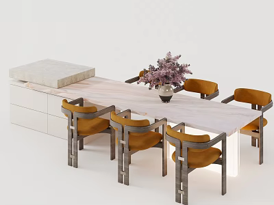 Modern Dining Table Set With Marble Top Orange Chairs And Decorative Flower Vase 3d model