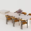 Modern Dining Table Set With Marble Top Orange Chairs And Decorative Flower Vase