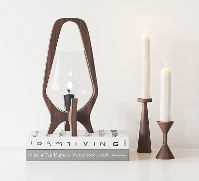 Candle Lamp with Wooden Base Glass Shade and Wooden Candle Holders on Books 3d model