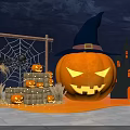 Halloween Themed Photo Spot With Large Jack-o'-lantern Witch Hat Spider Web And Hay Bales