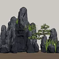 Black Rockery Stones With Layered Structure And Green Plants For Outdoor Garden Decoration