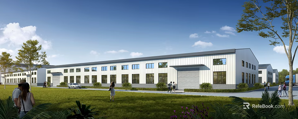 Modern Industrial Factory Exterior Featuring Large Windows Green Lawn People Walking And Parked Car 3d model 