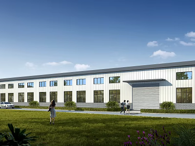 Modern Industrial Factory Exterior Featuring Large Windows Green Lawn People Walking And Parked Car 3d model