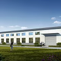 Modern Industrial Factory Exterior Featuring Large Windows Green Lawn People Walking And Parked Car