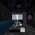 Modern KTV Interior Design With Blue Lighting Sofas LED Screens And Decorative Walls