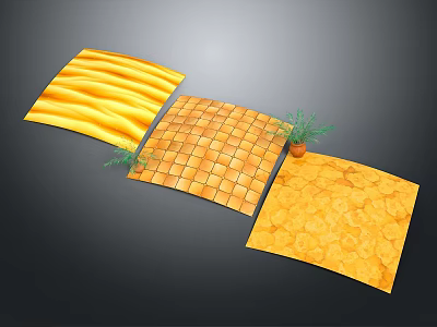 Yellow Decorative Materials With Striped Grid And Circular Patterns Plus Small Plants 3d model