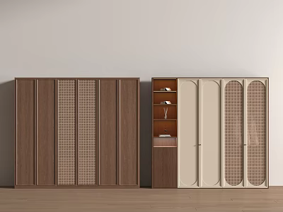 Modern Wooden Wardrobe Design With Dark And Light Sliding Doors And Plaid Panels 3d model