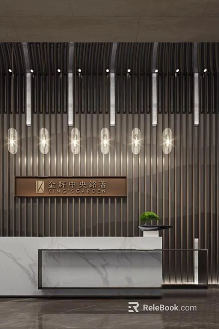 Modern Vertical Striped Background Wall With Six Oval Lights And Sign 3d model 